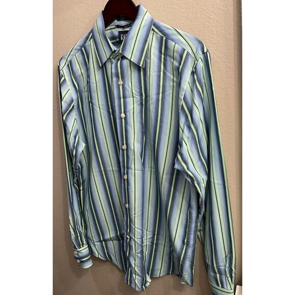 Gap Fitted Premium Mens M 15-15 1/2 Blue Green Striped Long Sleeve Button Up U - Picture 3 of 7